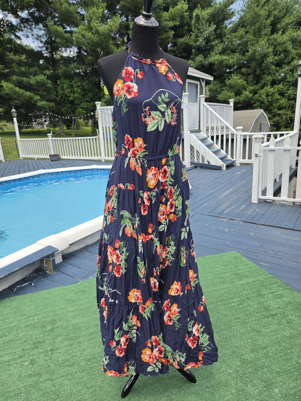 Navy Floral Halter Maxi Dress - Women's Summer Dress